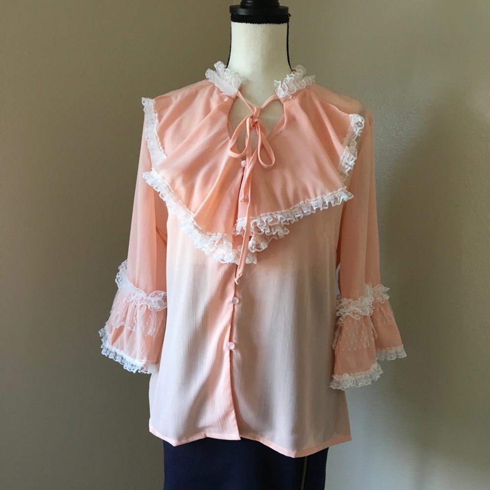 Peach Blush Ruffle Lace Bell Sleeves Blouse